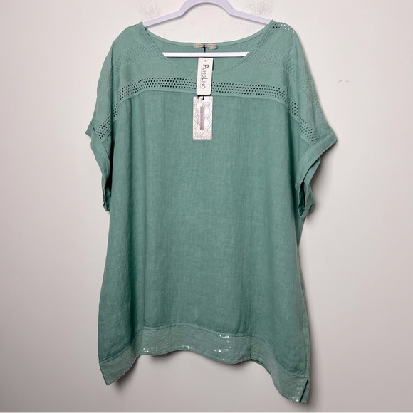 Lungo L'Arno Italian Linen Embroidered Sequin Green Women's Top Lagenlook Tunic - Picture 1 of 16